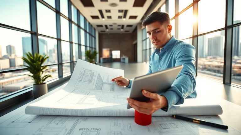 Reviewing NVQ level 7 senior construction management answers amidst blueprints in a modern office.