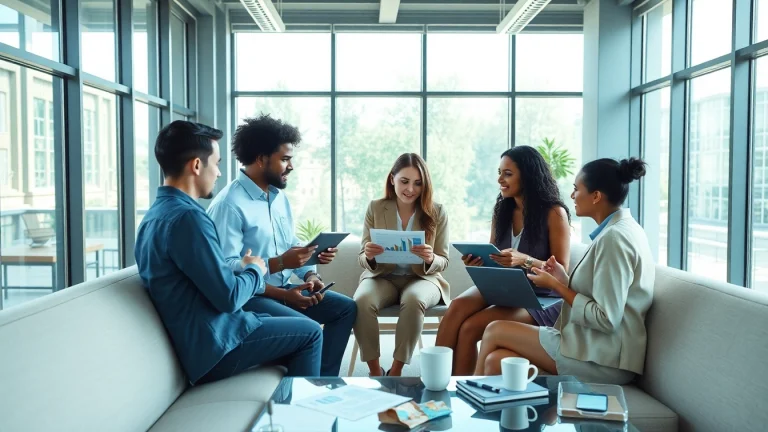 Team collaborating on trade marketing strategies in a bright office environment.