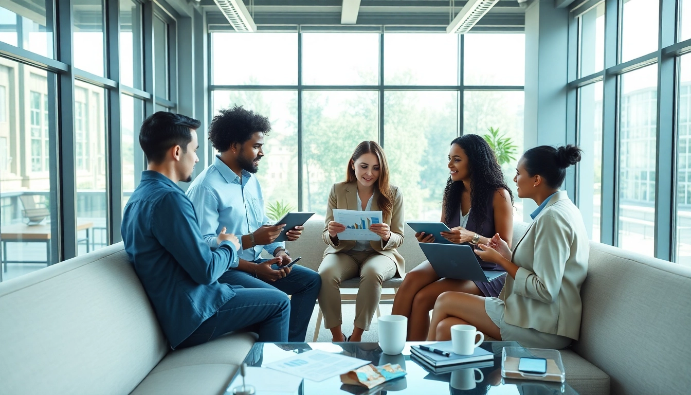 Team collaborating on trade marketing strategies in a bright office environment.