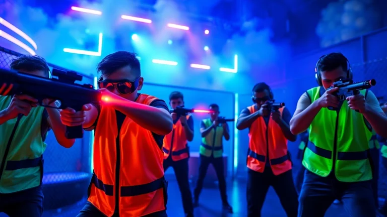 Players engaging in laser tag battle in a neon-lit arena with exciting vibes.
