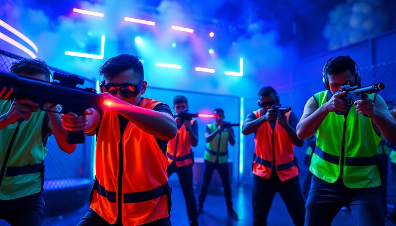 Players engaging in laser tag battle in a neon-lit arena with exciting vibes.