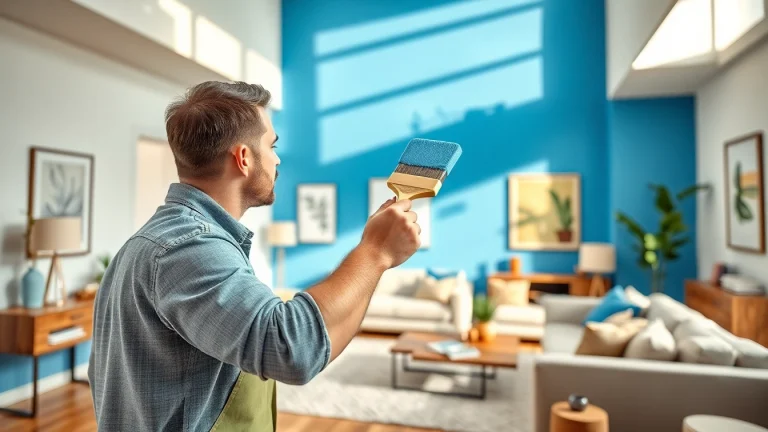 Interior painting: professional painter applying vibrant blue wall paint in a modern living room.