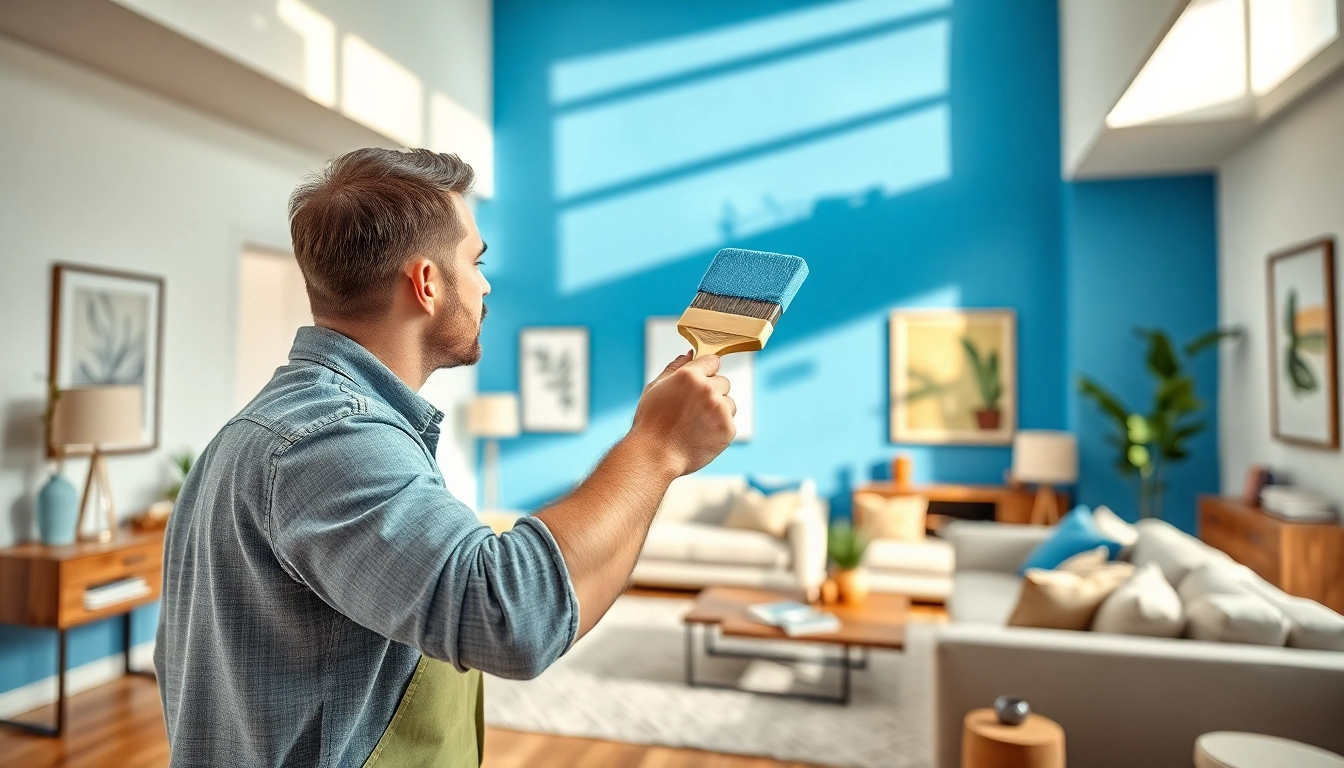 Interior painting: professional painter applying vibrant blue wall paint in a modern living room.