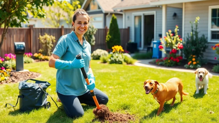 Dog poop cleanup service actively cleaning a yard with a smiling individual, enhancing your outdoor space.