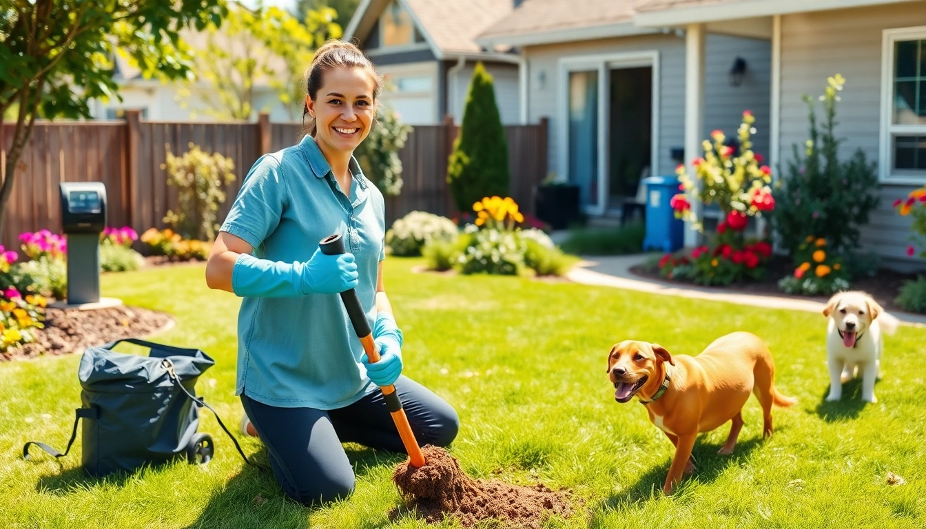 Dog poop cleanup service actively cleaning a yard with a smiling individual, enhancing your outdoor space.