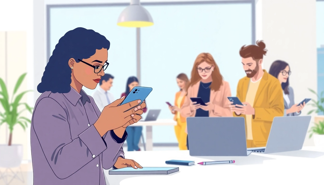 Users engaging with smspva services for receiving SMS notifications in a modern workspace