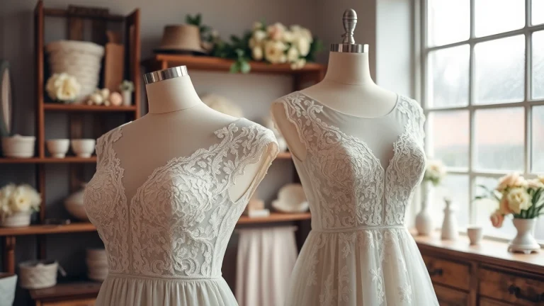 Shop elegant lace wedding dresses on vintage mannequins in a charming bridal boutique.