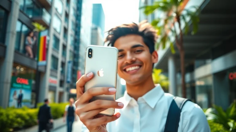 Buy iPhone while showcasing the latest model in an urban environment with excitement.