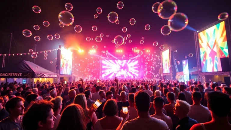 Experience the lively atmosphere of 汽水音乐海外 at an outdoor music festival, with colorful decorations and an energetic crowd.