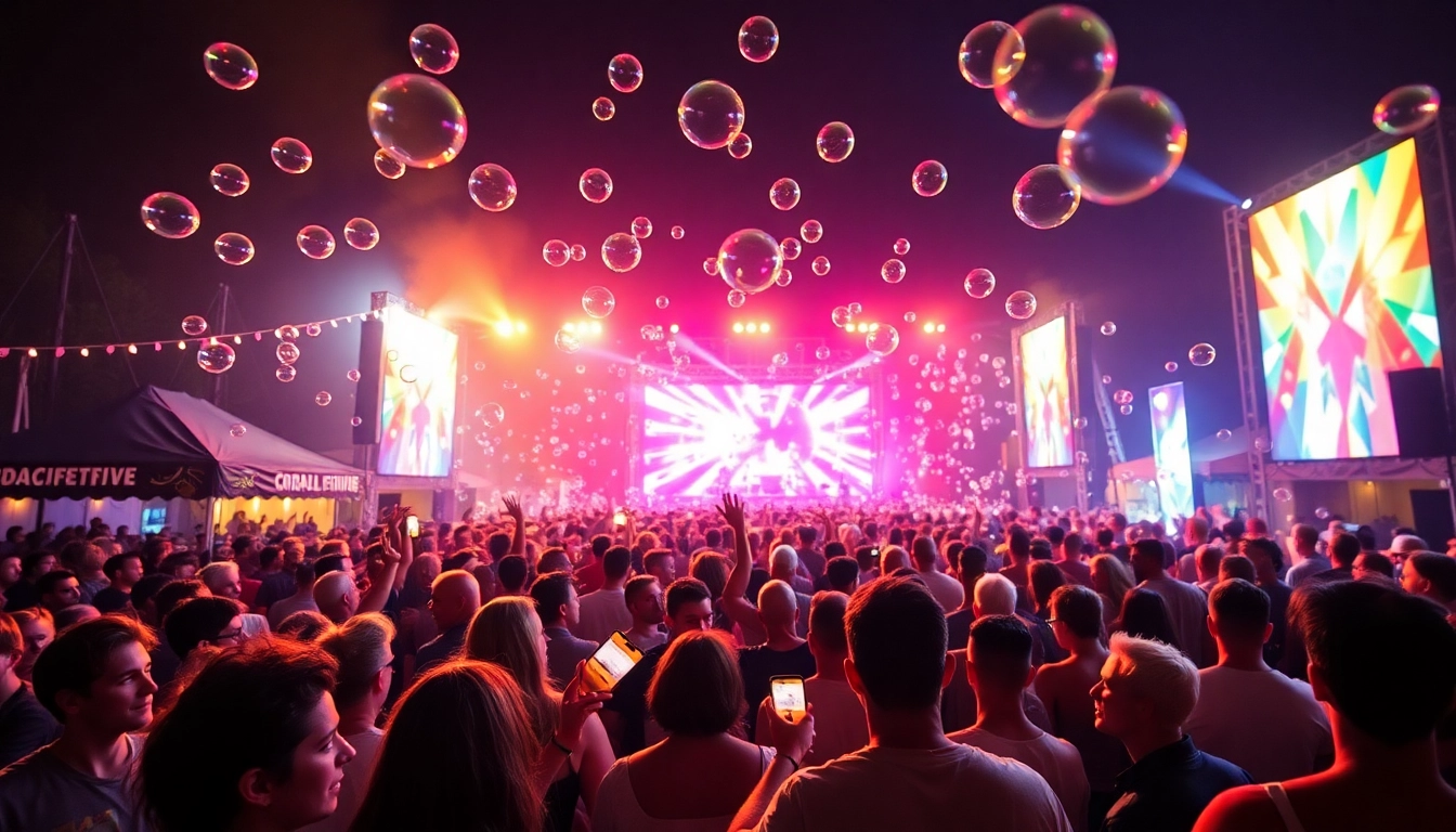 Experience the lively atmosphere of 汽水音乐海外 at an outdoor music festival, with colorful decorations and an energetic crowd.
