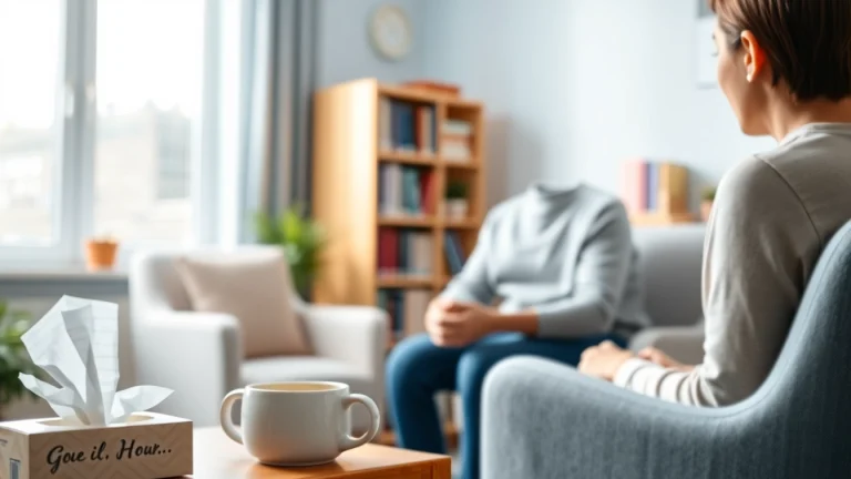Empathetic counselor aiding someone dealing with grief in a tranquil office setting.