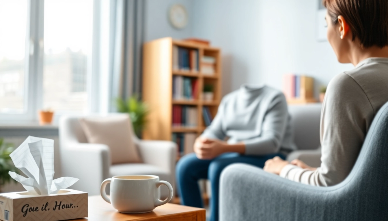 Empathetic counselor aiding someone dealing with grief in a tranquil office setting.