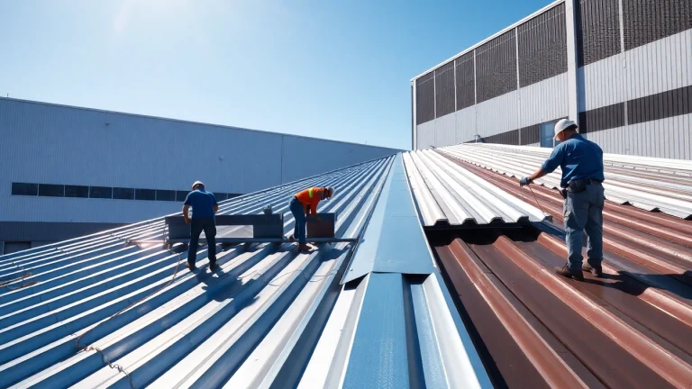 Installers working on commercial metal roofing panels on an industrial building.