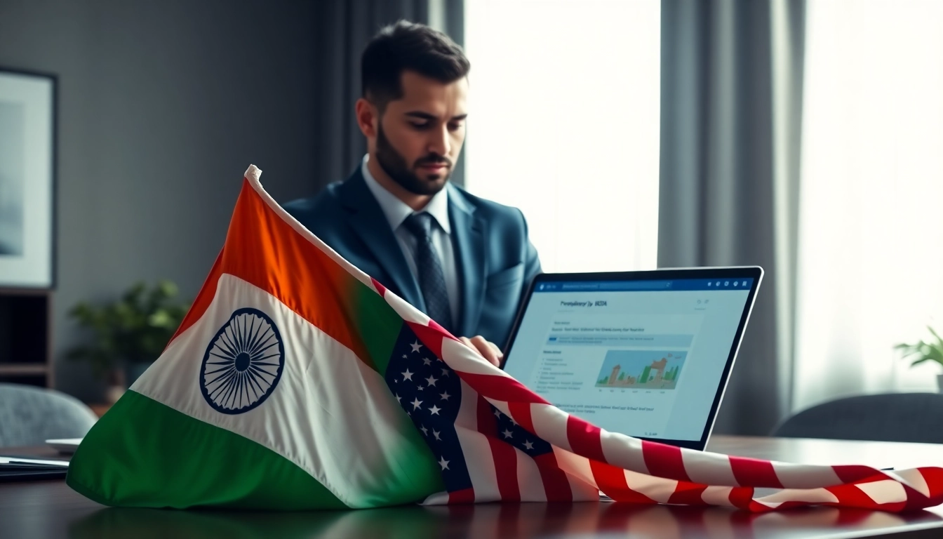 Promote trademark registration in India and US with flags, legal documents, and a business professional.