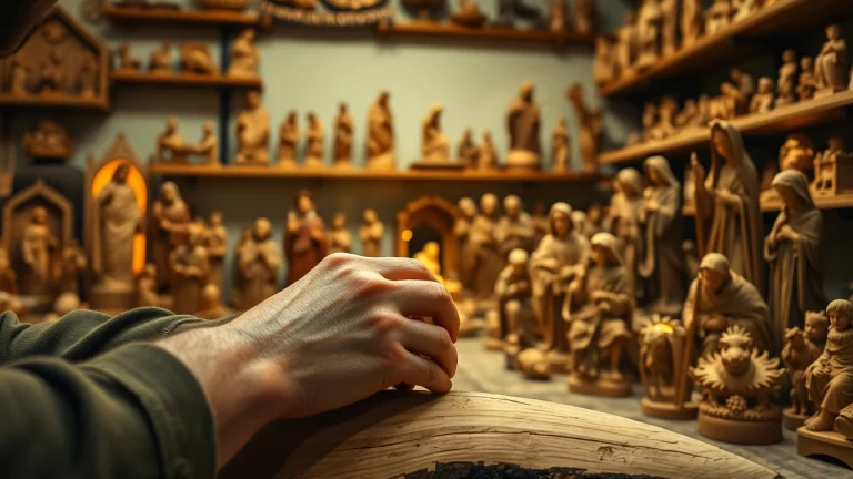 Showcasing olive wood carvings crafted by artisans in a serene workshop environment.