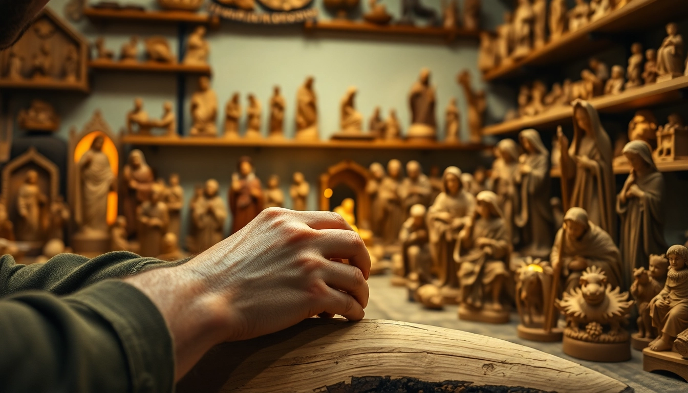 Showcasing olive wood carvings crafted by artisans in a serene workshop environment.