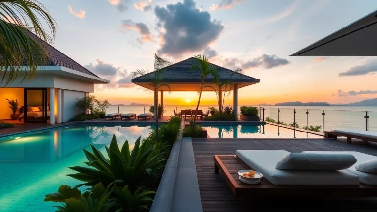 Experience real estate phuket through this stunning luxury villa with a serene pool and tropical landscape.