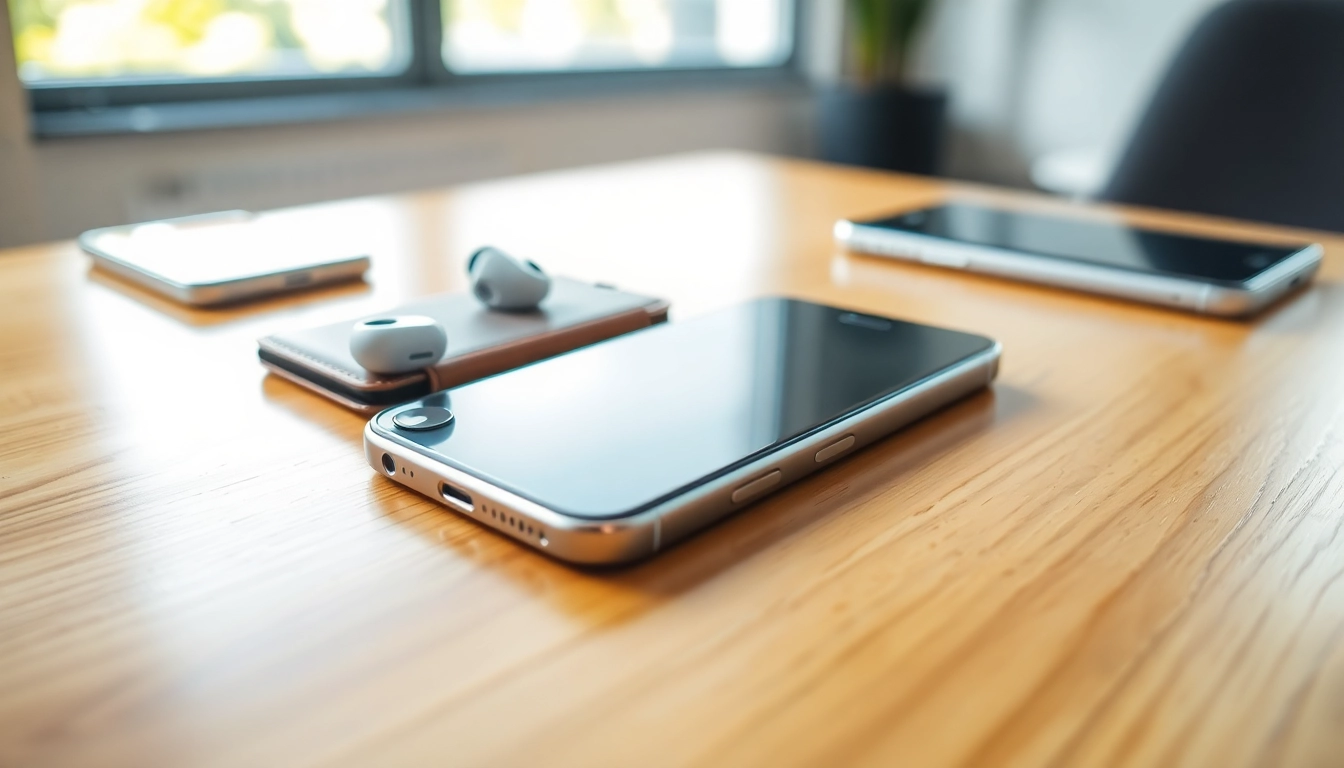 Buy iPhone with the latest model displayed elegantly on a wooden table.