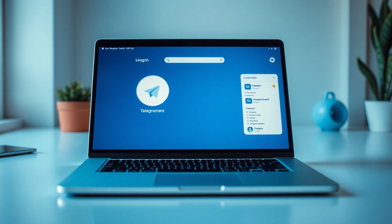 View telegram下载电脑版 interface on a sleek laptop in a modern workspace, highlighting its user-friendly features.