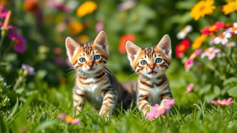 Adorable Bengal Kittens for Sale playing in a vibrant garden.