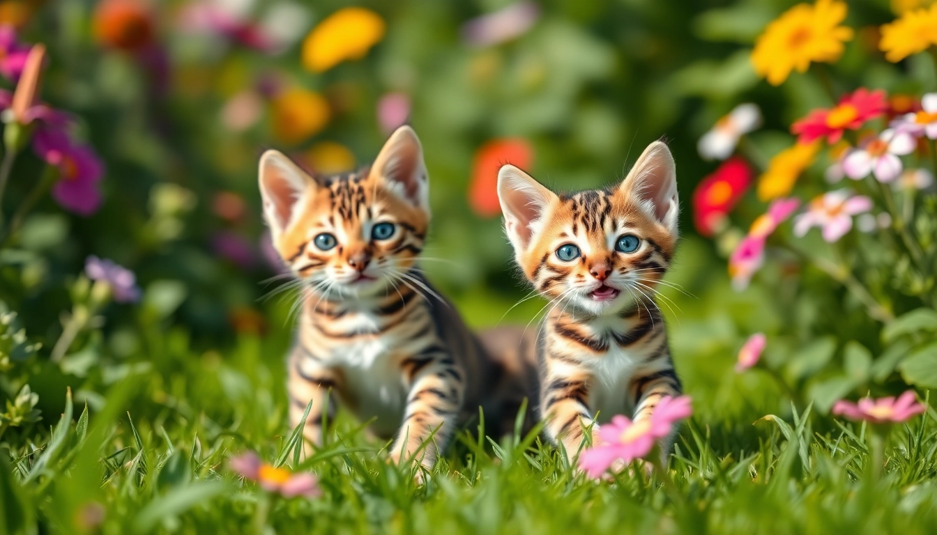 Adorable Bengal Kittens for Sale playing in a vibrant garden.