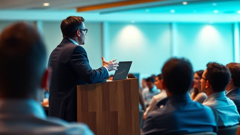 Engaging presentation on medical persuasive speech topics, featuring a speaker at a podium.