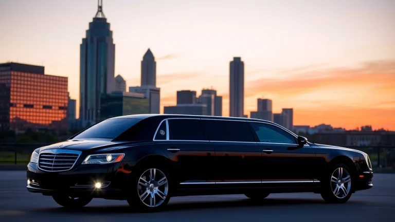 Luxury car service Atlanta featuring a sleek limousine against the vibrant Atlanta skyline at sunset.