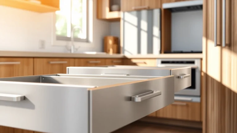 Showcase of a modern Metal Drawer System highlighting its sleek design and functionality in a kitchen.