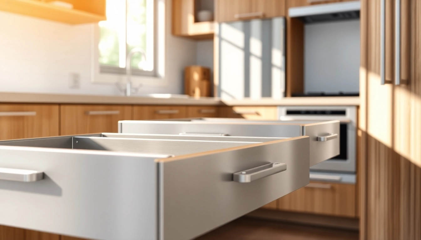 Showcase of a modern Metal Drawer System highlighting its sleek design and functionality in a kitchen.