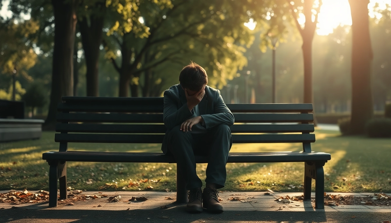 Reflective person dealing with grief in a tranquil park setting.