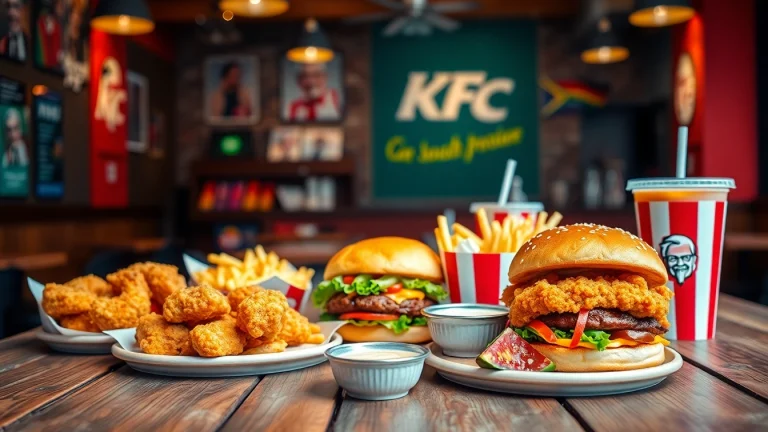 Delicious kfc south Africa menu showcasing fried chicken, burgers, and sides in a vibrant setting.