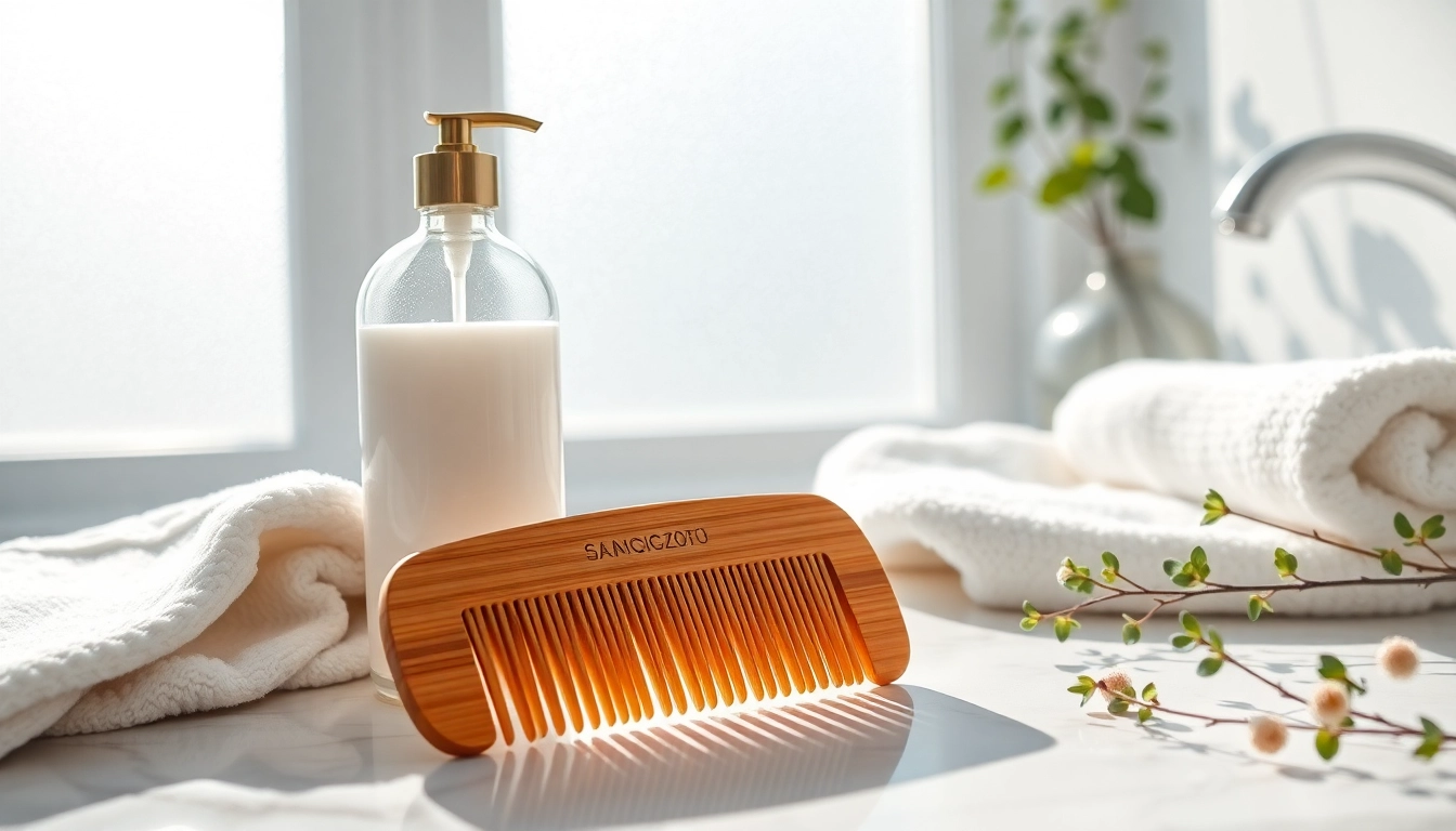 Gently detangling hair with a wide tooth comb placed elegantly on a marble countertop.