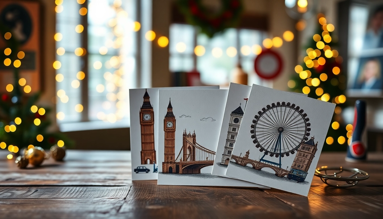 Showcasing London Christmas cards with iconic landmarks in a festive setting.