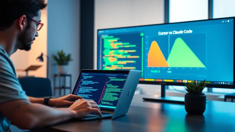 Compare functionalities of Cursor vs Claude Code in a modern coding workspace.
