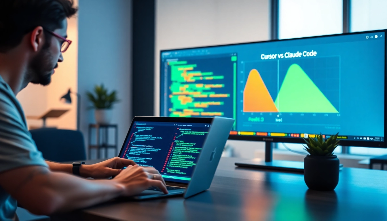 Compare functionalities of Cursor vs Claude Code in a modern coding workspace.