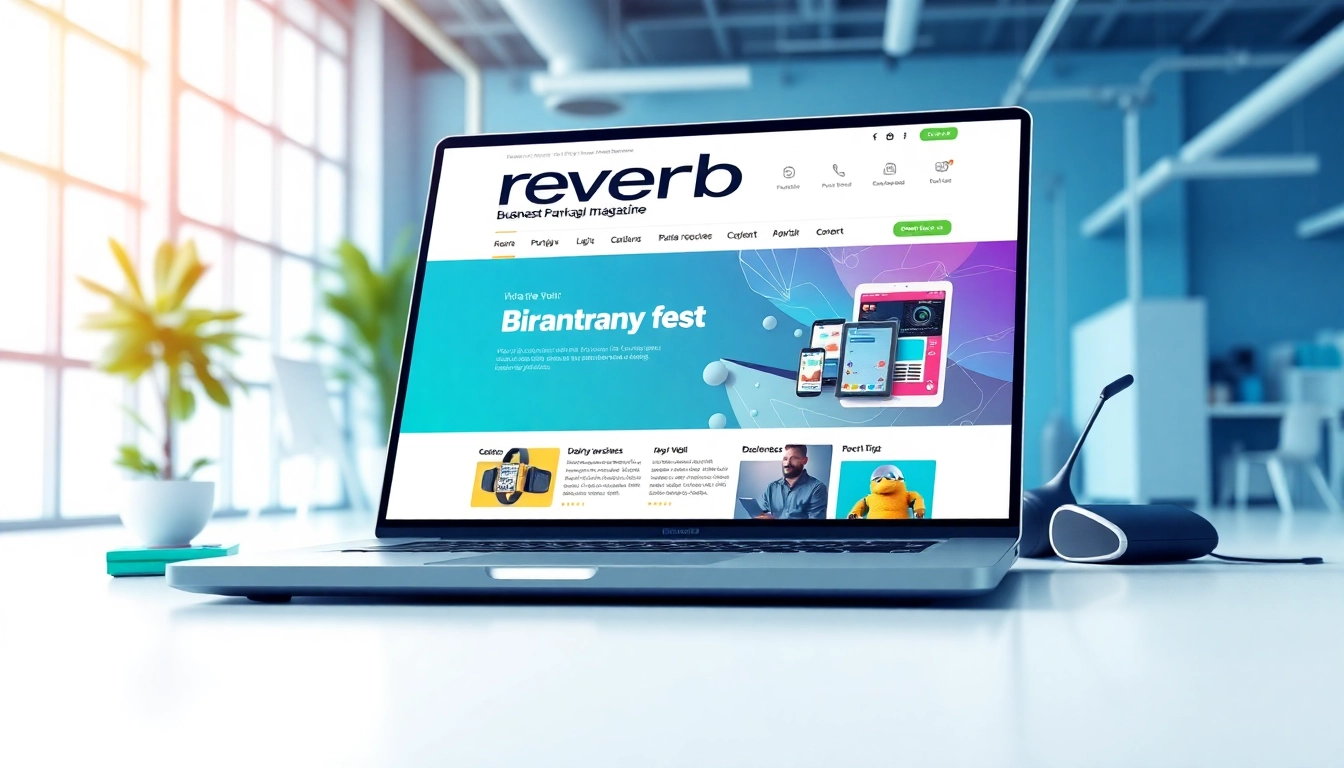 Highlighting Reverbtime Magazine's digital platform in a modern workspace, showcasing business and tech insights.