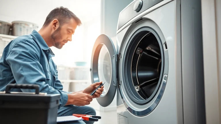 Expert technician conducting washer repair in a modern laundry setting focused on efficiency and detail.