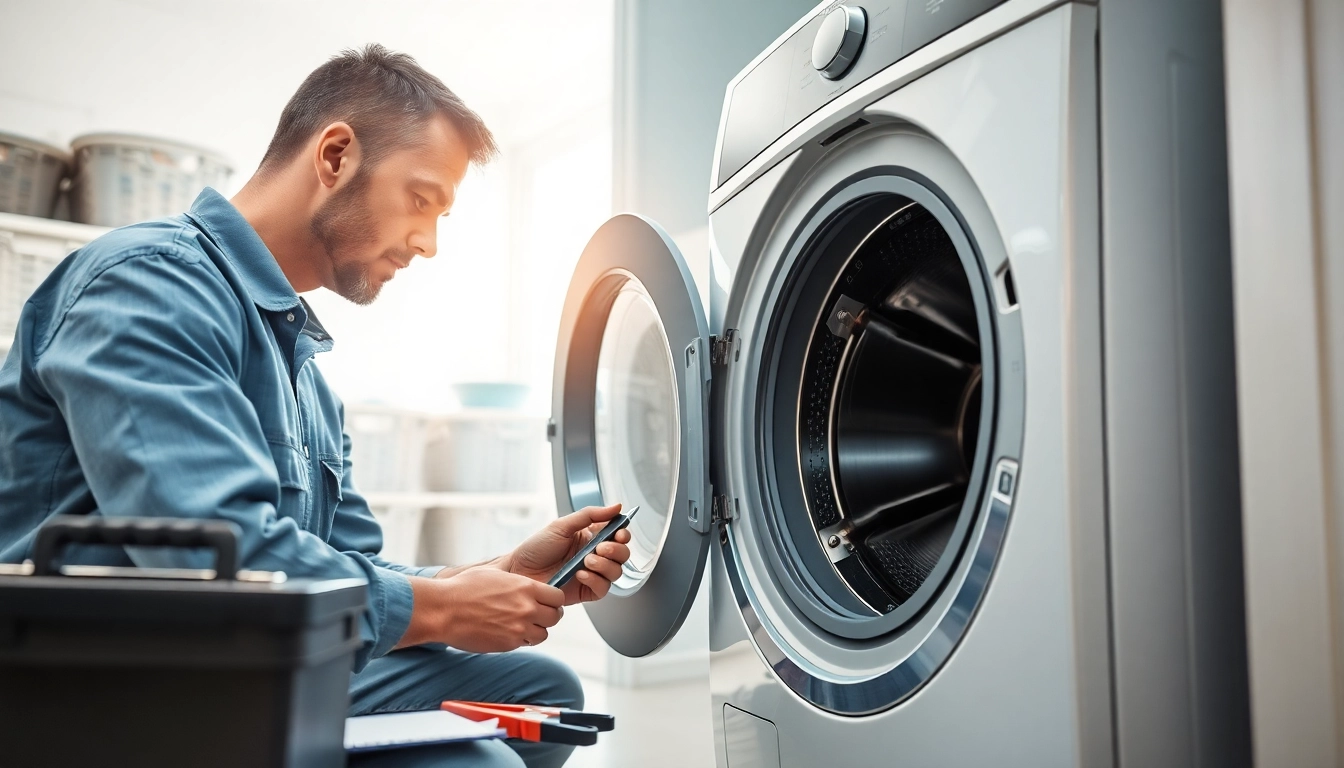 Expert technician conducting washer repair in a modern laundry setting focused on efficiency and detail.