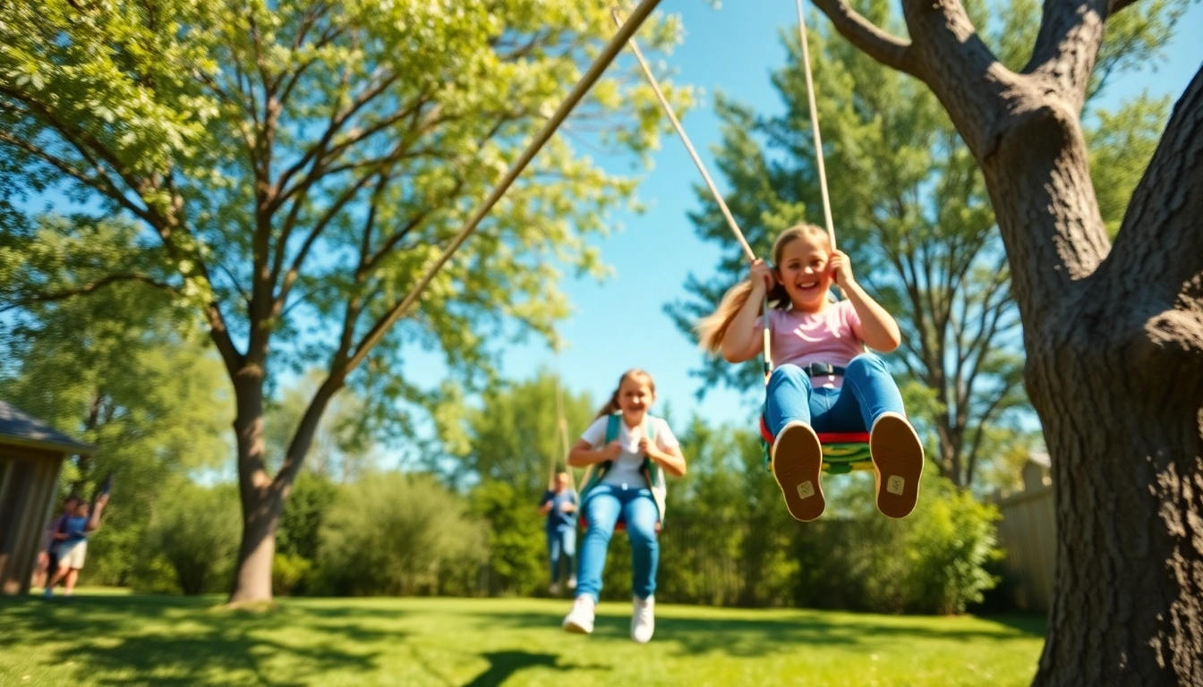 Family enjoying a ZIP WIRE KIT in a sunny backyard, showcasing fun and adventure.