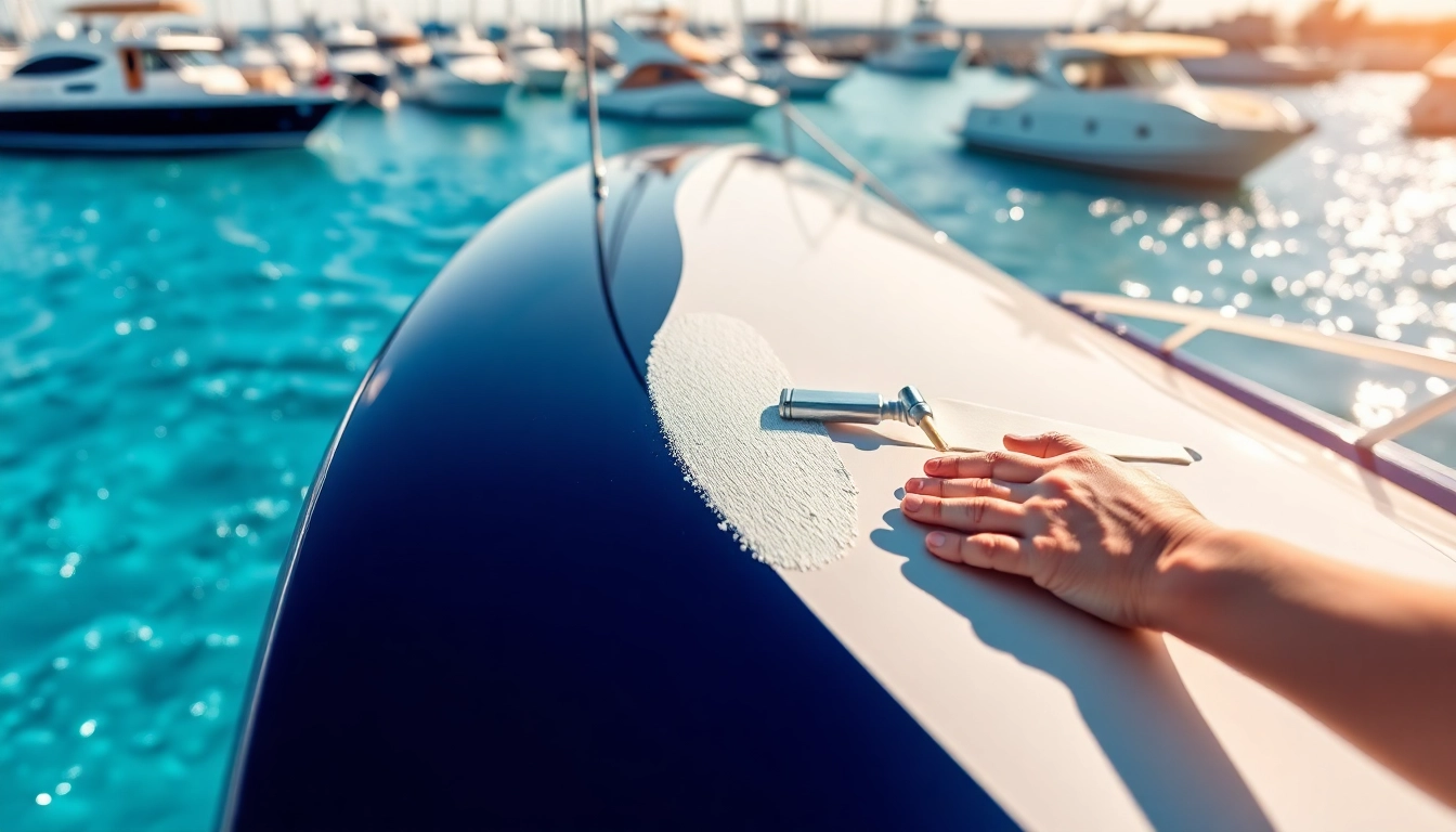 Applying marine ceramic coating for enhanced protection and shine on a yacht's hull.