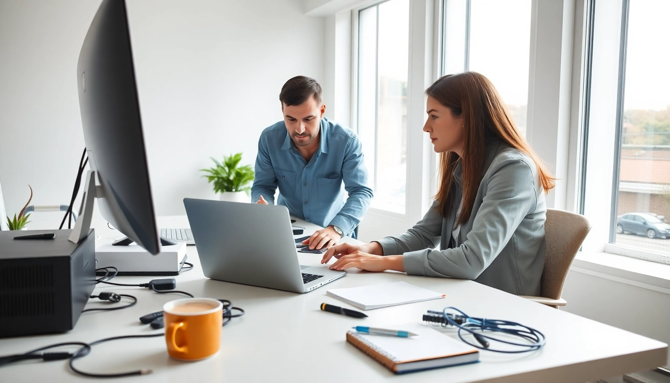 Get expert computer help near me with a technician assisting a client in a bright office setting.