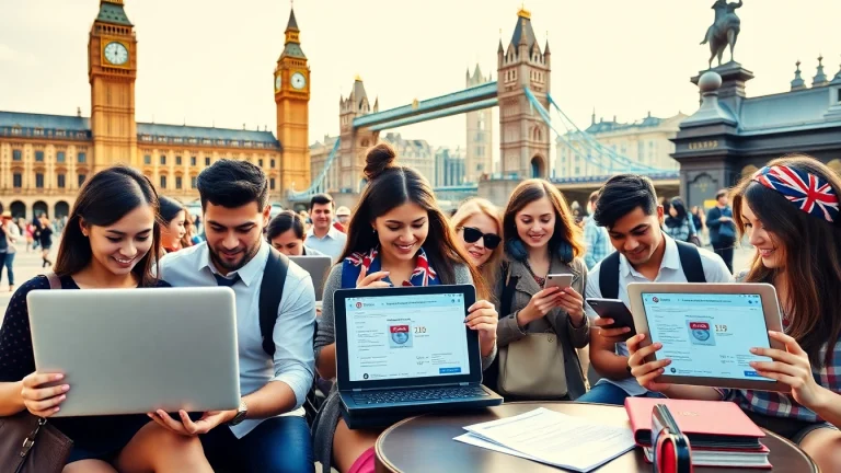 Travelers engaging in the uk eta online application process with iconic UK landmarks in the background.