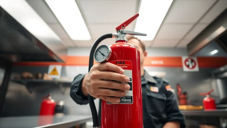 Inspecting a fire extinguisher service in a commercial kitchen ensuring safety compliance.