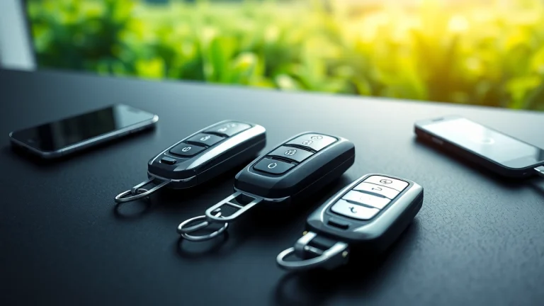 Showcasing keys for electric cars with high-tech devices and eco-friendly elements.