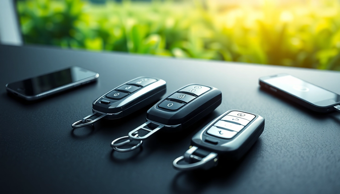 Showcasing keys for electric cars with high-tech devices and eco-friendly elements.