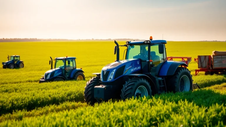 New Holland Traktoren und Landmaschinen in einem lebhaften Bauernhof.