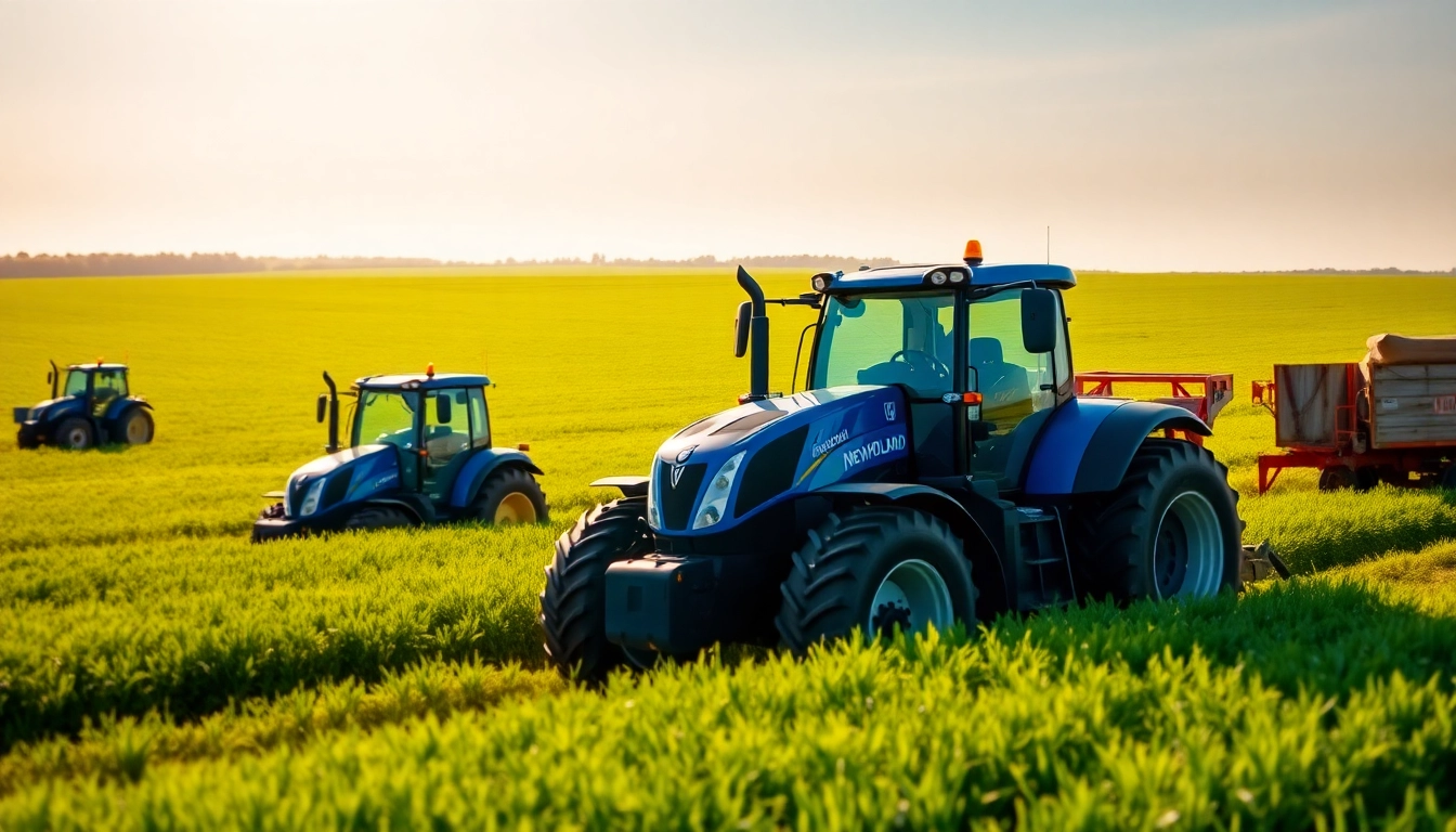 New Holland Traktoren und Landmaschinen in einem lebhaften Bauernhof.