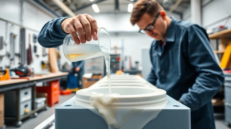 Craftsman applying infusion resins in a modern workshop, focusing on epoxy pouring process.
