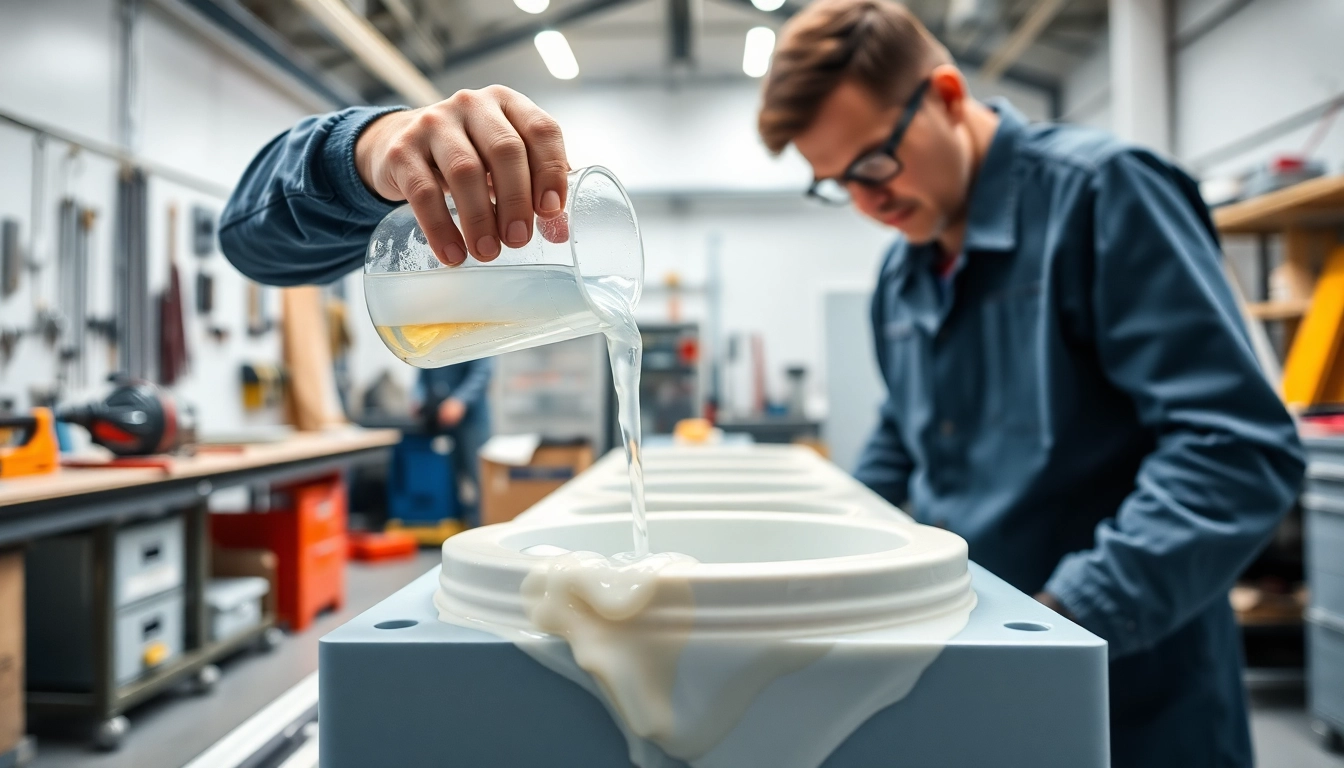 Craftsman applying infusion resins in a modern workshop, focusing on epoxy pouring process.
