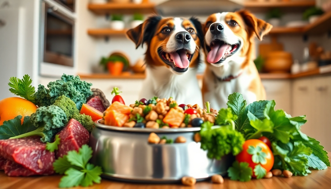 Dog happily anticipating badlands ranch superfood complete in a bright bowl surrounded by fresh ingredients.